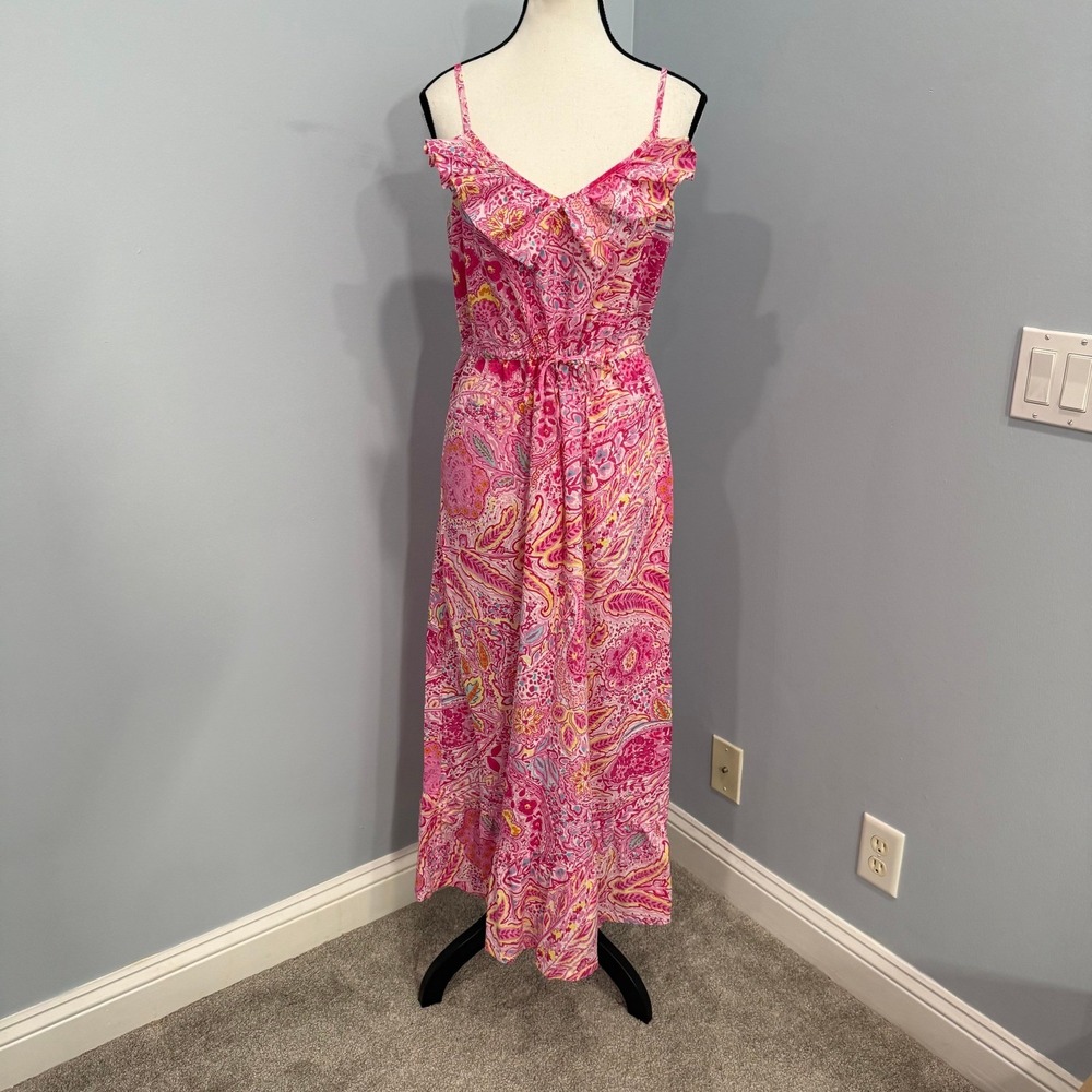 Lauren Ralph Lauren Pink Paisley Ruffle V-Neck Maxi Dress Size M 100% Cotton